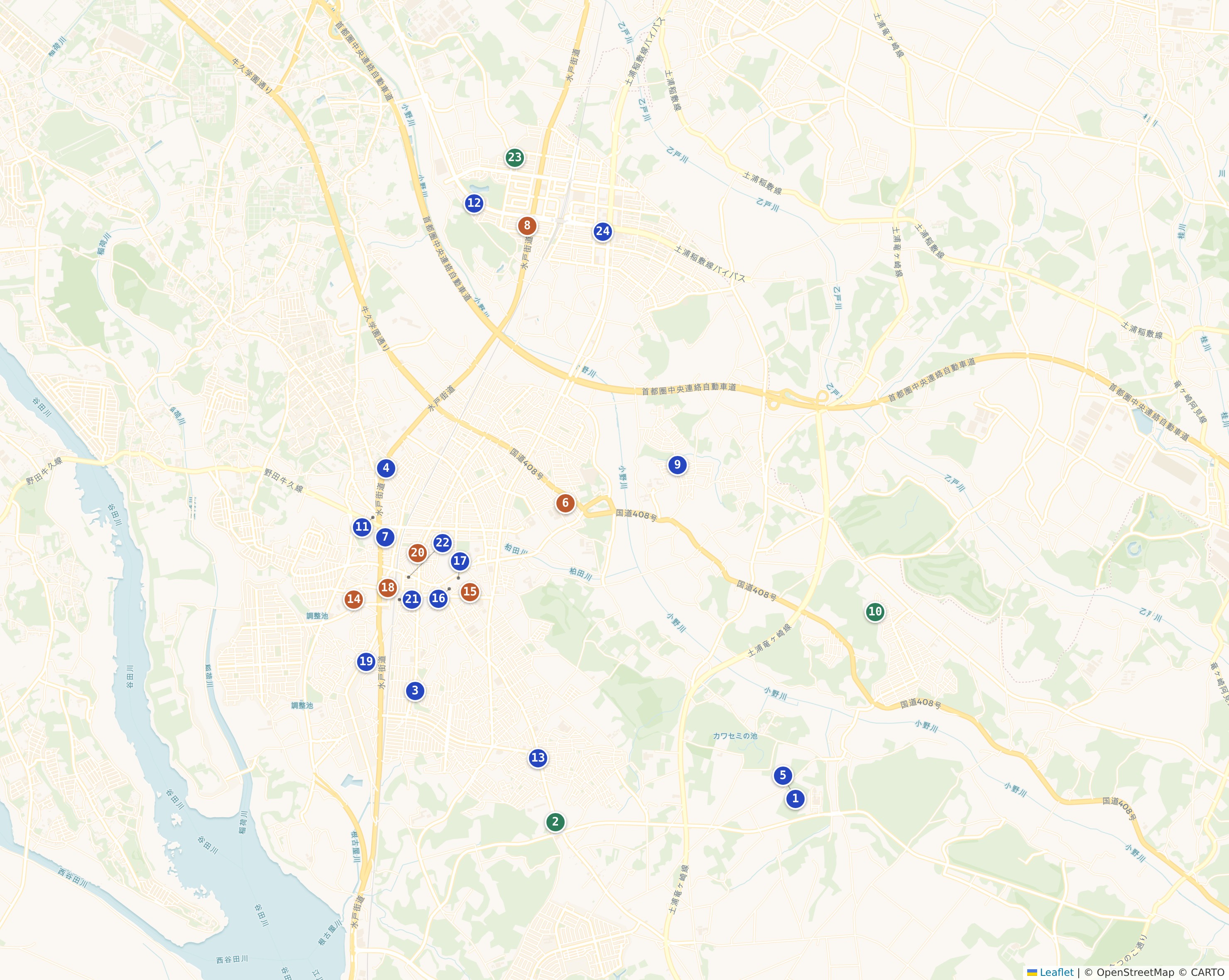 牛久市内の就労系福祉サービス事業所の位置を示す地図（番号ピン）